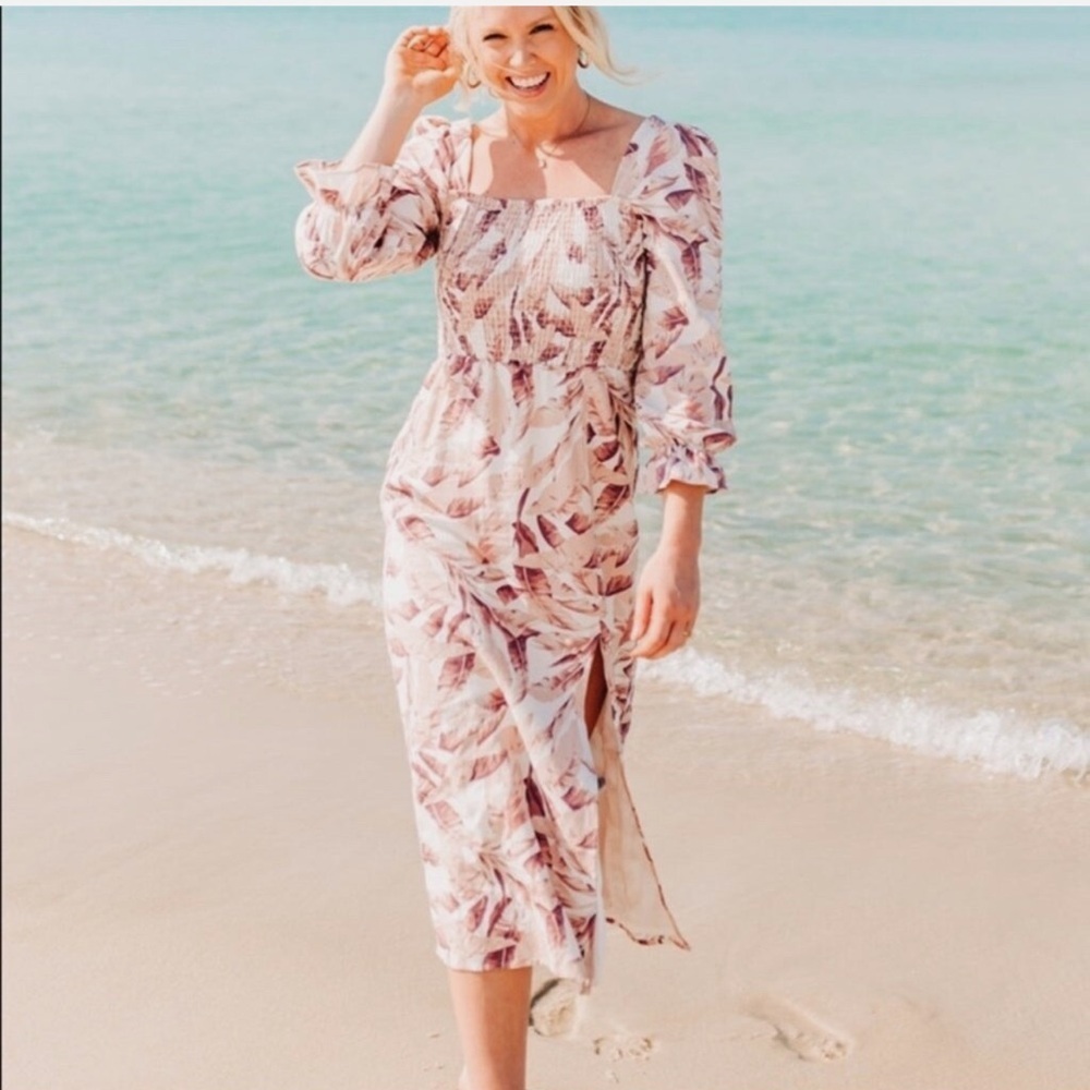 House of Harlow 1960 Linen Blend Midi Dress Pink White Palm Print Size Medium